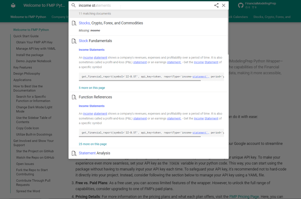 Trải nghiệm tìm kiếm thông tin trên trang tài liệu hướng dẫn FinancialModelingPrep Python