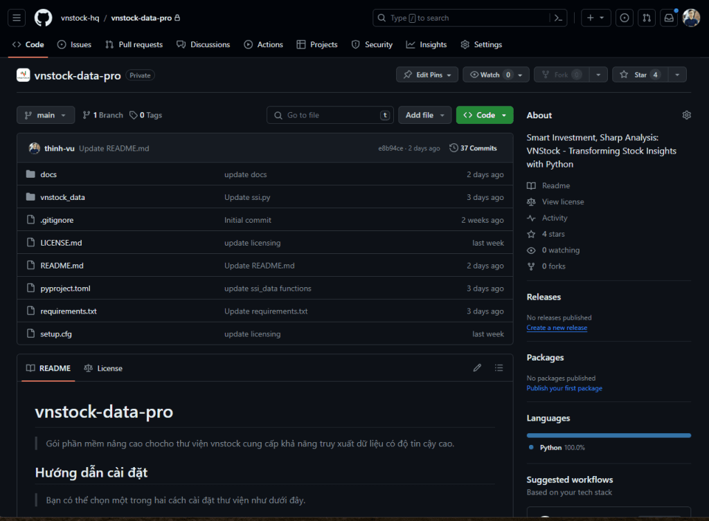Giao diện private repo của vnstock-pro-data trên Github